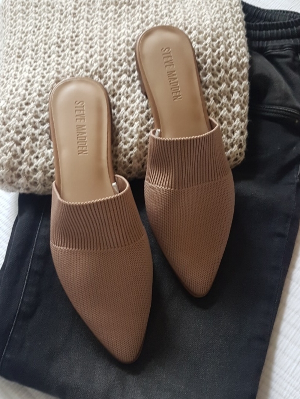 Steve Madden Brown Knit Pointed-Toe Slide Mules